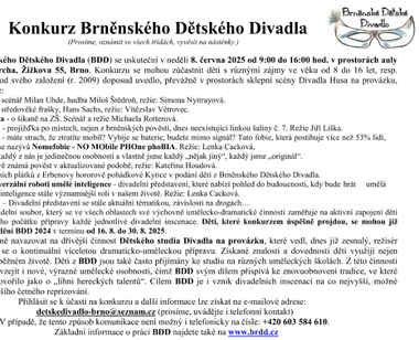 Konkurz brněnského Dětského Divadla (BDD) - neděle 8. června 2025  - Gymnázium Matyáše Lercha, Žižkova 55, Brno